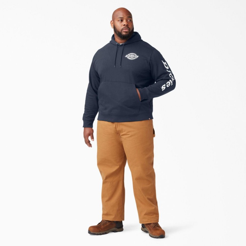 Men's Dickies Logo Sleeve Fleece Hoodie Navy | 841790DLH