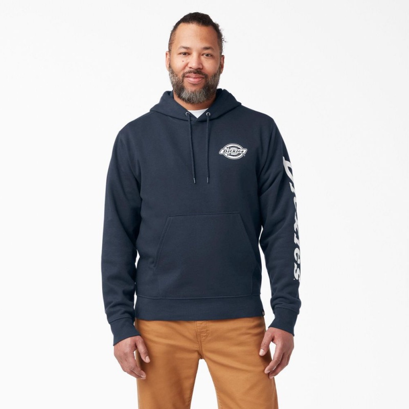 Men\'s Dickies Logo Sleeve Fleece Hoodie Navy | 841790DLH