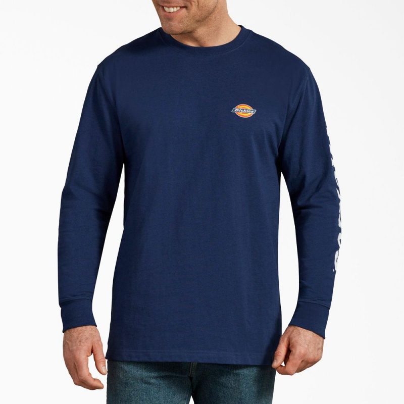 Men's Dickies Long-Sleeve Graphic T-Shirt Blue | 761382HMV