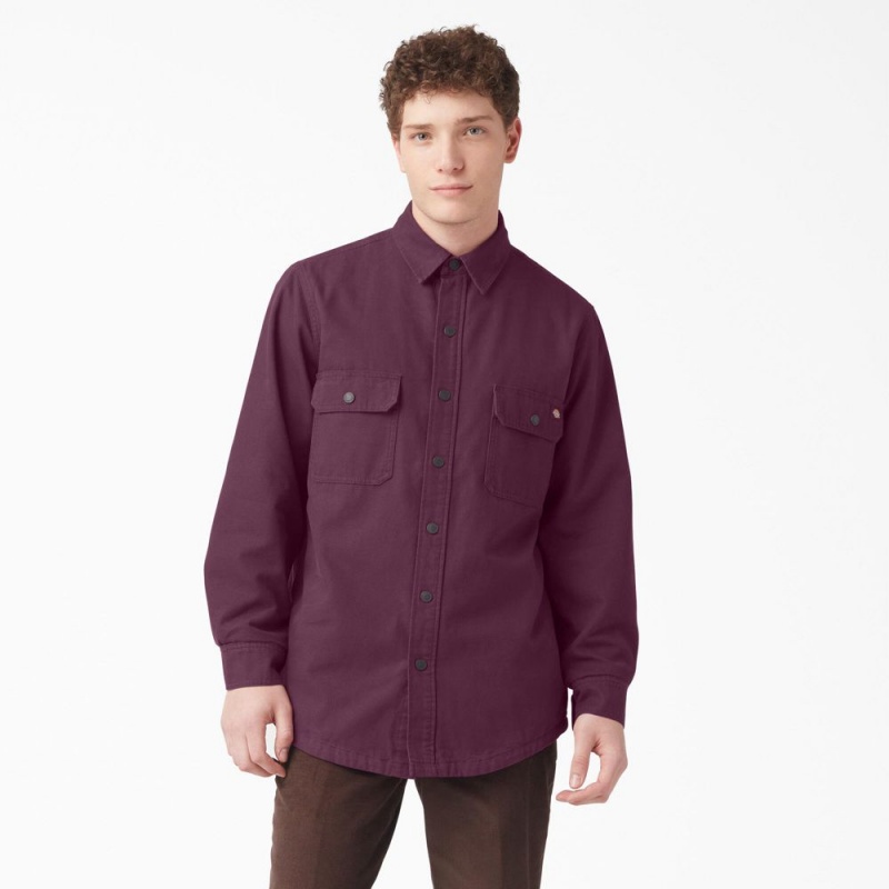 Men\'s Dickies Long Sleeve Flannel-Lined Duck Shirt Purple | 824316MQR