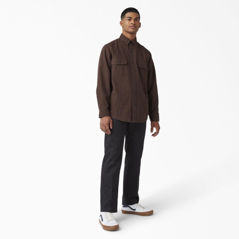 Men's Dickies Long Sleeve Flannel-Lined Duck Shirt Brown | 821647HEX