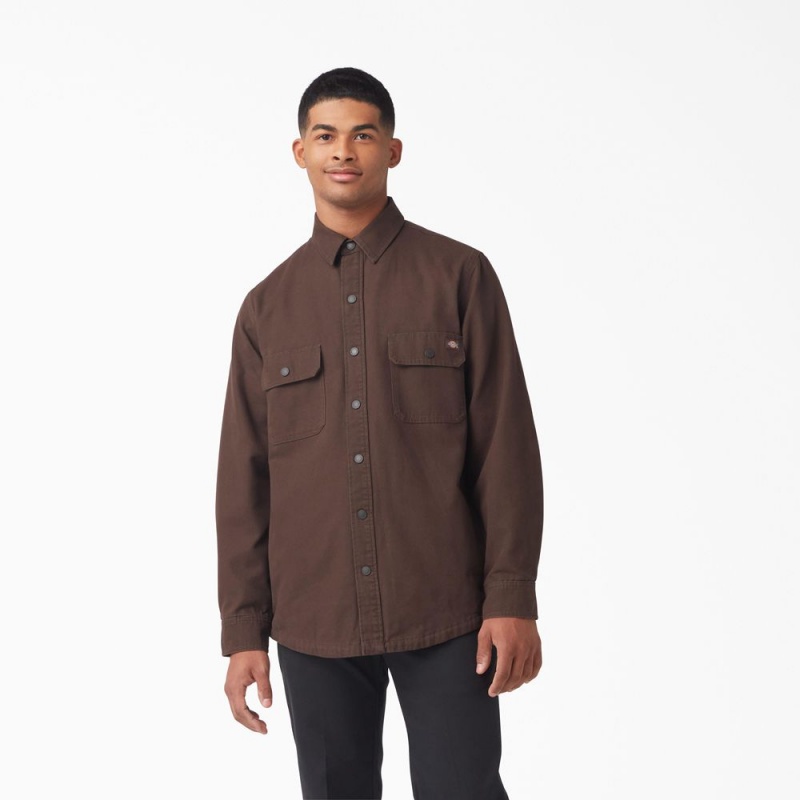 Men\'s Dickies Long Sleeve Flannel-Lined Duck Shirt Brown | 821647HEX