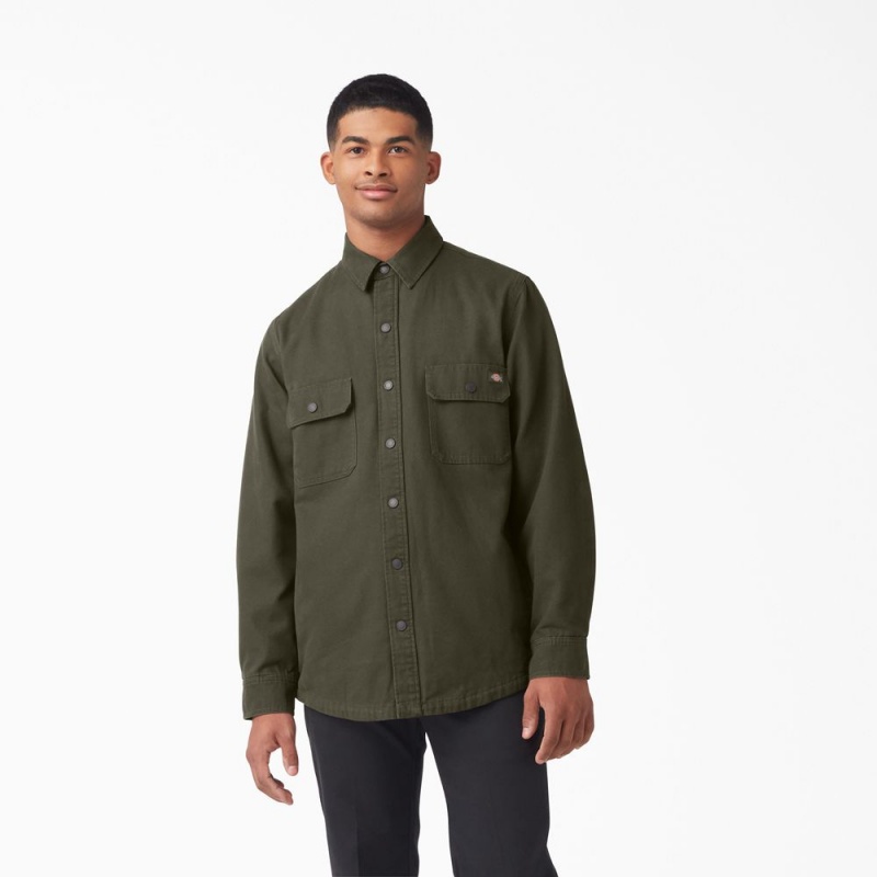 Men\'s Dickies Long Sleeve Flannel-Lined Duck Shirt Green | 549237QWA