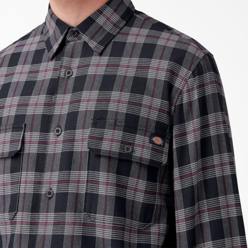 Men's Dickies Long Sleeve Flannel Shirt Black | 620314NTM