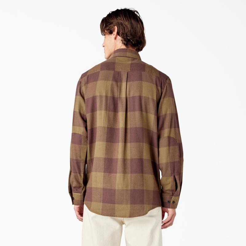 Men's Dickies Long Sleeve Flannel Shirt Olive | 097248FRK