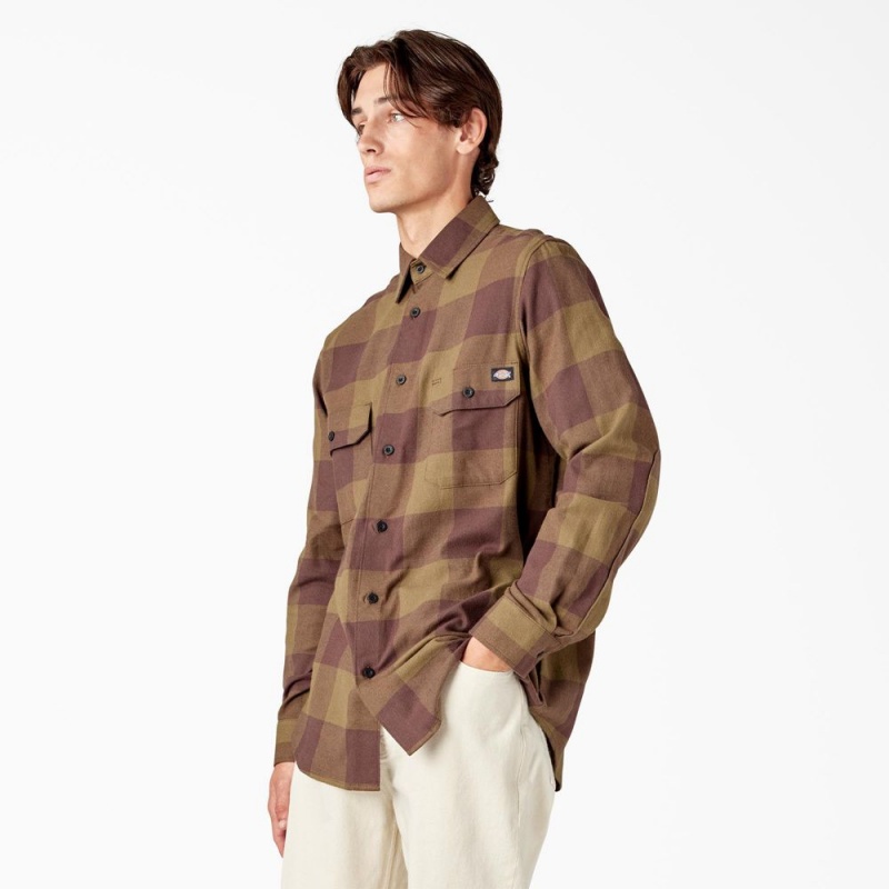 Men's Dickies Long Sleeve Flannel Shirt Olive | 097248FRK