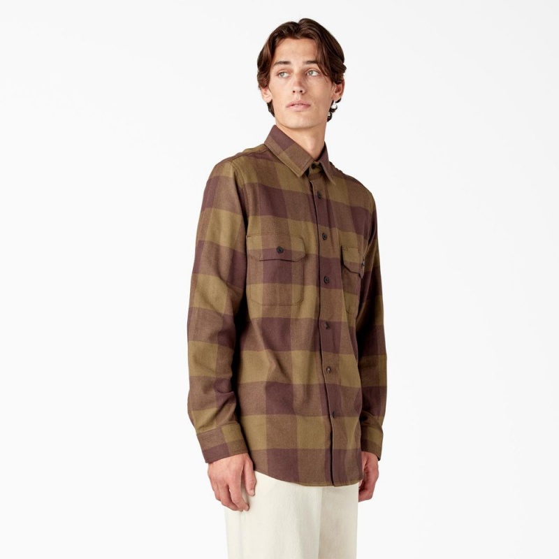 Men's Dickies Long Sleeve Flannel Shirt Olive | 097248FRK