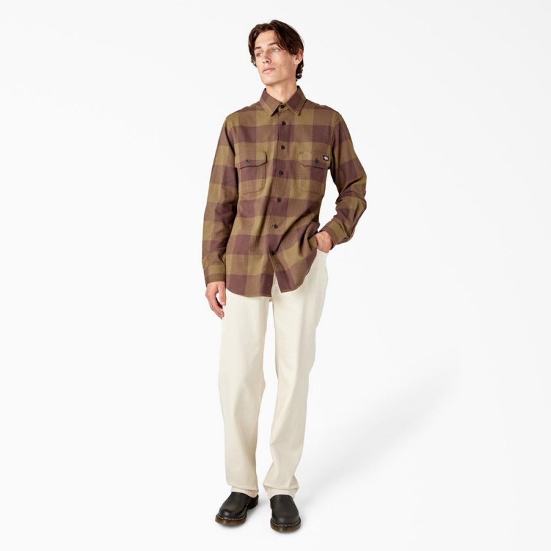 Men's Dickies Long Sleeve Flannel Shirt Olive | 097248FRK