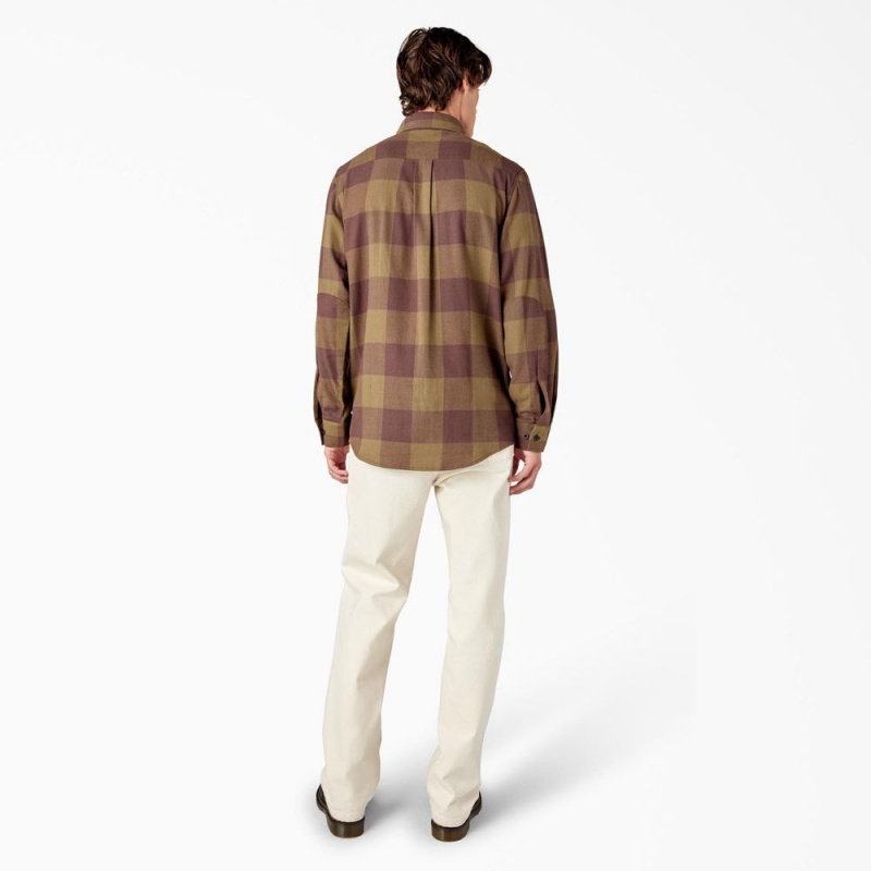 Men's Dickies Long Sleeve Flannel Shirt Olive | 097248FRK