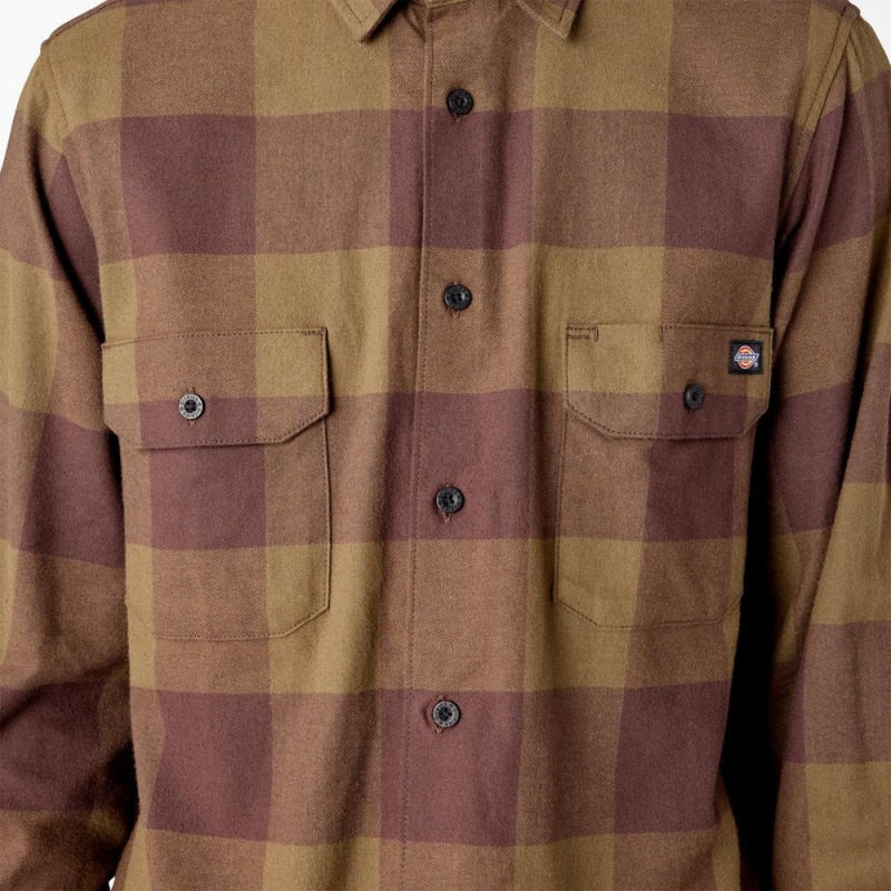 Men's Dickies Long Sleeve Flannel Shirt Olive | 097248FRK