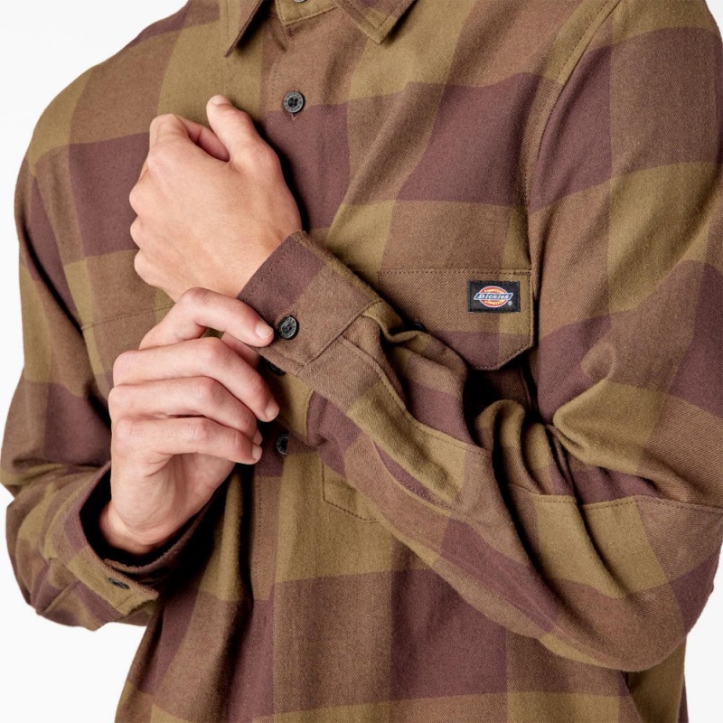 Men's Dickies Long Sleeve Flannel Shirt Olive | 097248FRK