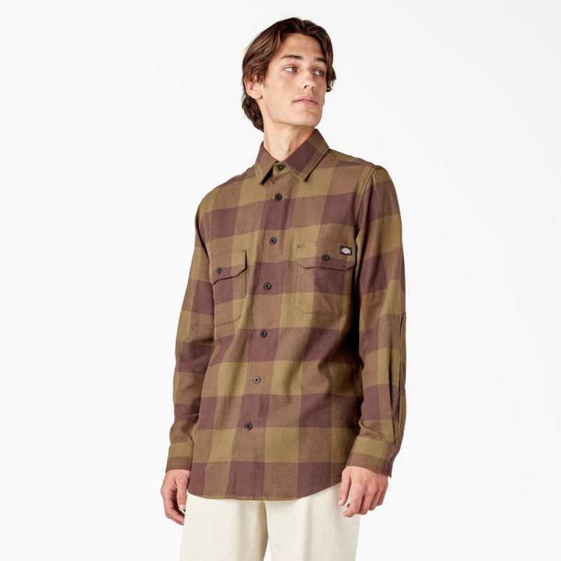 Men\'s Dickies Long Sleeve Flannel Shirt Olive | 097248FRK