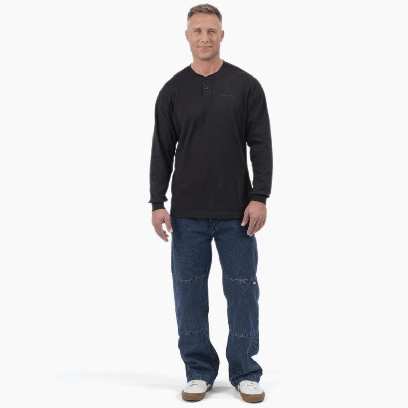 Men's Dickies Long Sleeve Henley T-Shirt Black | 302691OMJ