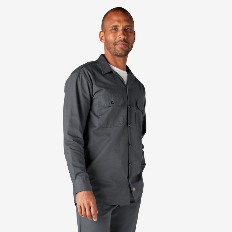 Men's Dickies Long Sleeve Work Shirts Grey | 348201YGB