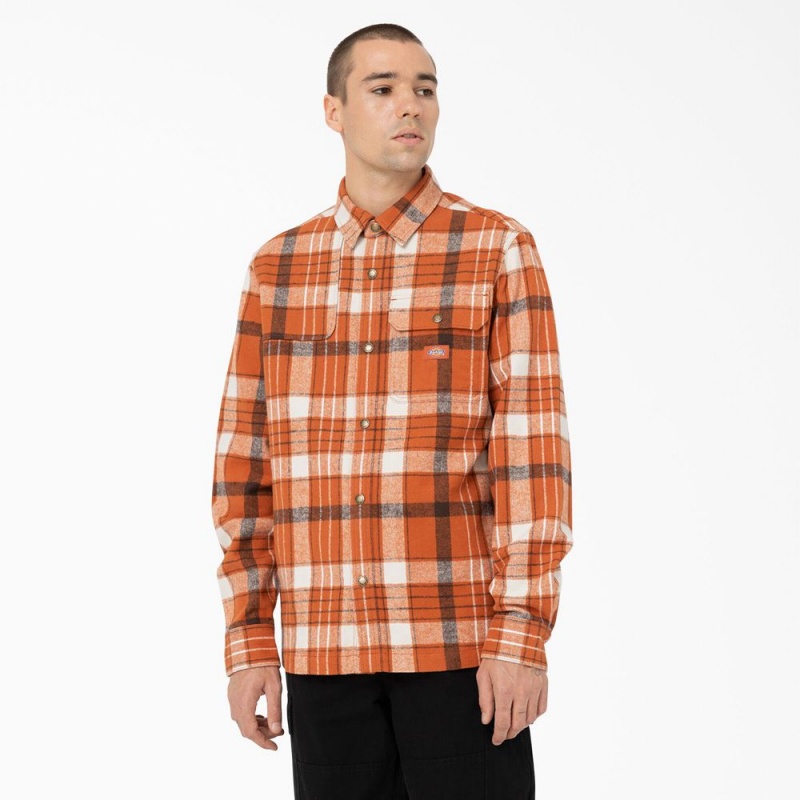 Men\'s Dickies Nimmons Plaid Long Sleeve Shirt Orange | 278305CME