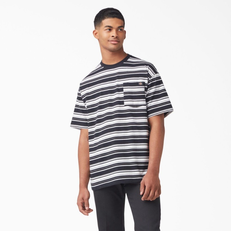 Men\'s Dickies Relaxed Fit Striped Pocket T-Shirt Black | 164390WMD