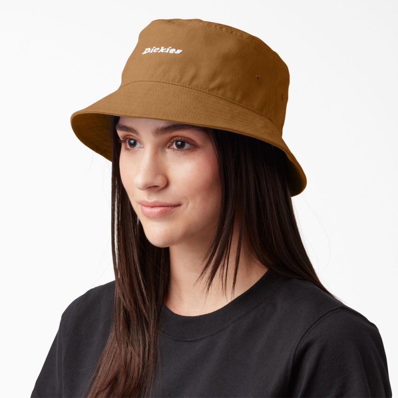 Men\'s Dickies Script Logo Canvas Bucket Hat Khaki | 085376OSG