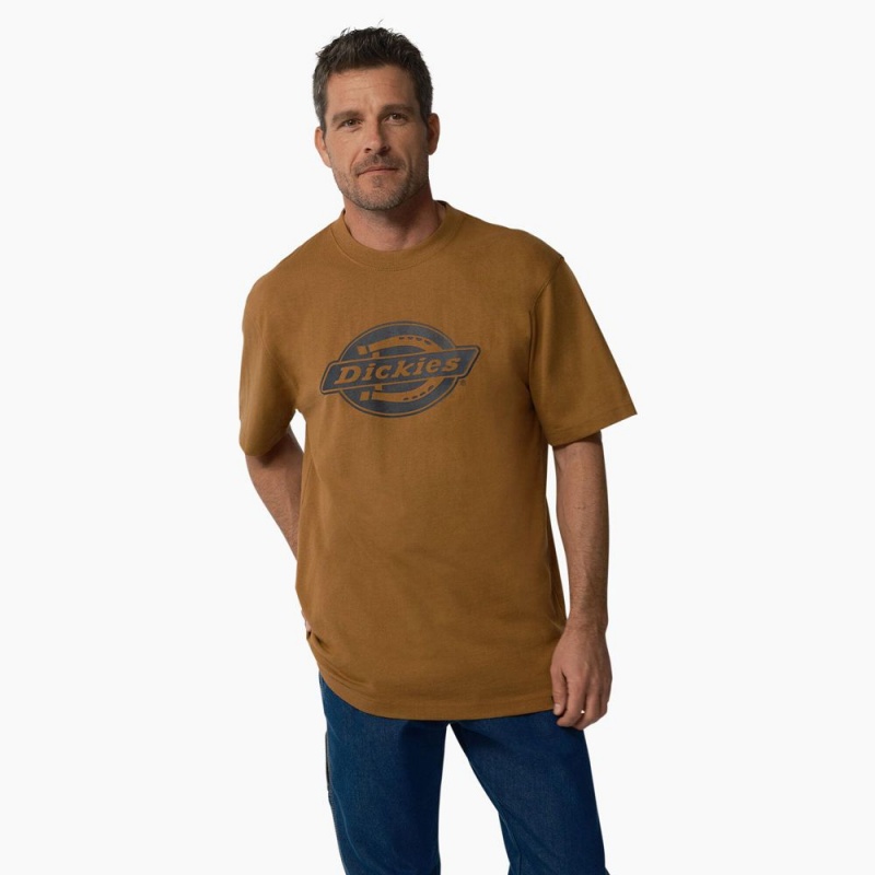 Men\'s Dickies Short Sleeve Heavyweight Logo T-Shirt Brown | 421697NRY