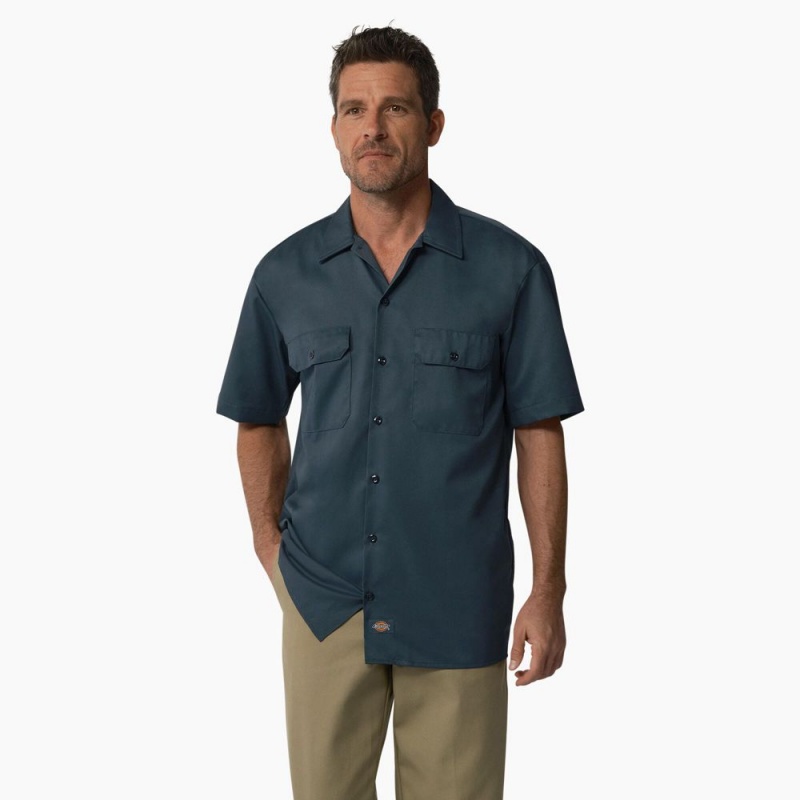 Men\'s Dickies Short Sleeve Work Shirts Blue | 453681XEH