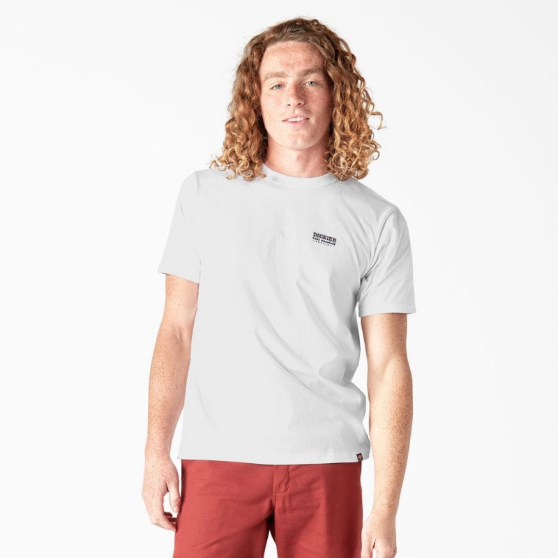 Men's Dickies Skateboarding Pool Drainage Graphic T-Shirt White | 301749YBE