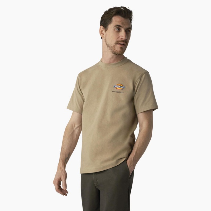 Men's Dickies Skateboarding Regular Fit Chest Logo T-Shirt Khaki | 629807ONB