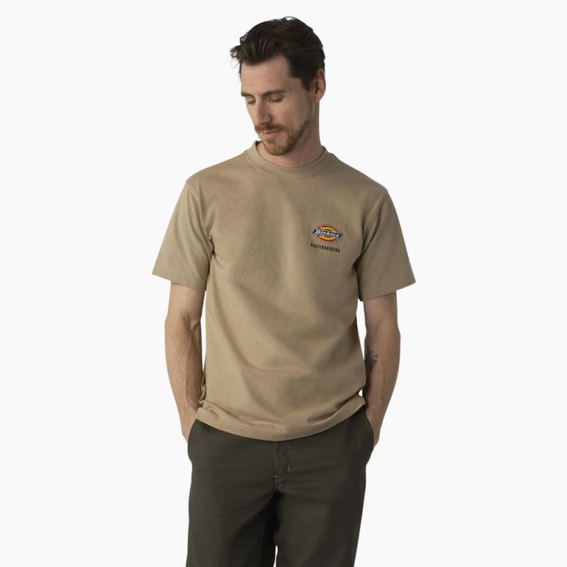 Men\'s Dickies Skateboarding Regular Fit Chest Logo T-Shirt Khaki | 629807ONB