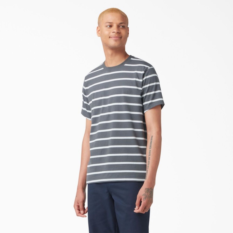 Men\'s Dickies Skateboarding Striped T-Shirt Grey | 862705LKR