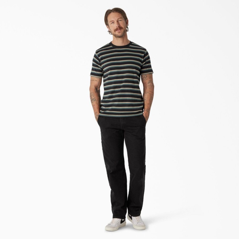 Men's Dickies Skateboarding Striped T-Shirt Black | 087531VIH