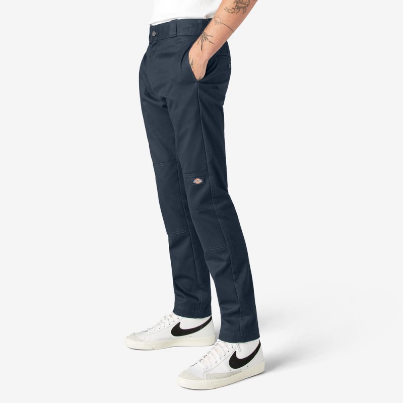 Men's Dickies Skinny Fit Double Knee Work Pants Navy | 256901ZYU