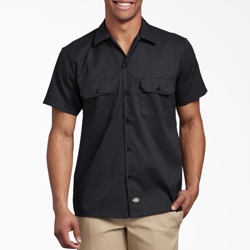 Men\'s Dickies Slim Fit Short Sleeve Work Shirts Black | 123654BJT