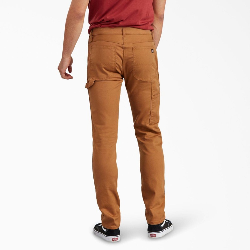 Men's Dickies Slim Fit Tapered Leg Carpenter Duck Pants Brown | 970254ZUB