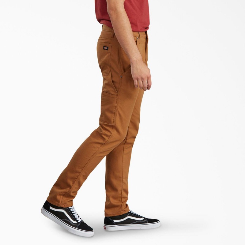 Men's Dickies Slim Fit Tapered Leg Carpenter Duck Pants Brown | 970254ZUB