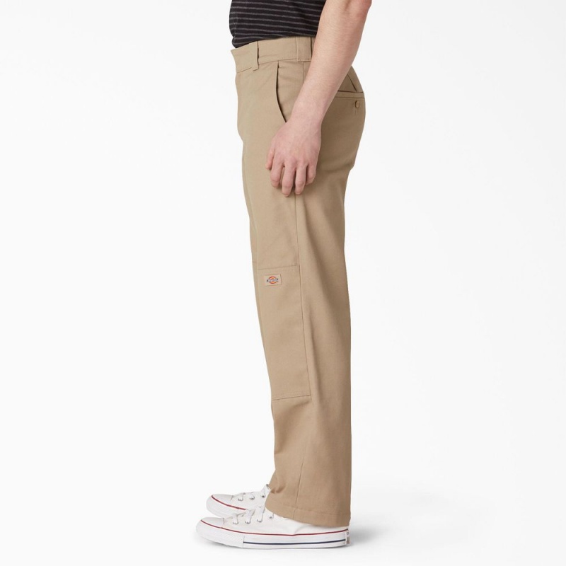 Men's Dickies Slim Straight Fit Double Knee Pants Khaki | 126948UDP