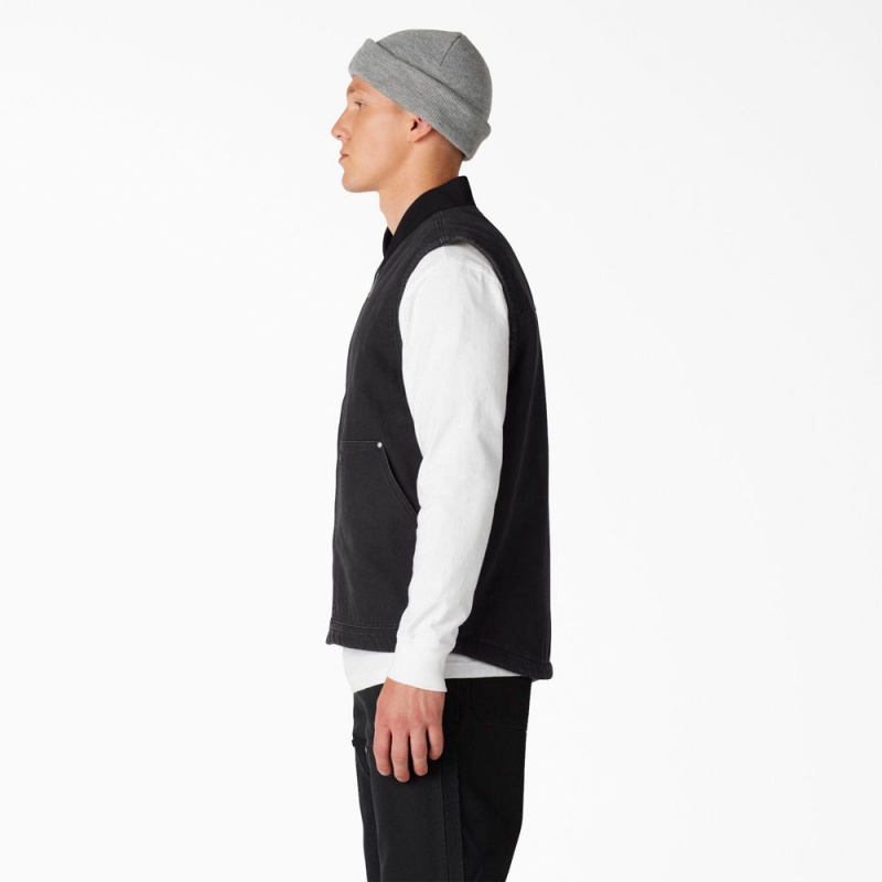 Men's Dickies Stonewashed Duck High Pile Fleece Lined Vest Black | 105243JHP