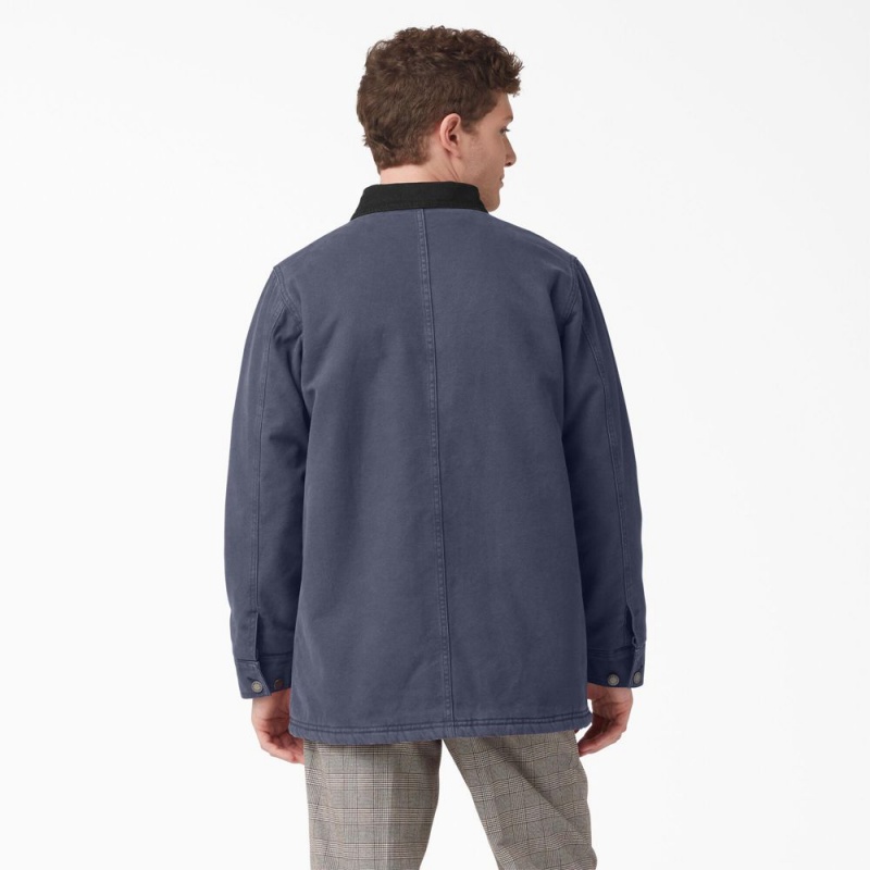 Men's Dickies Stonewashed Duck Lined Chore Jacket Navy | 965024IMF