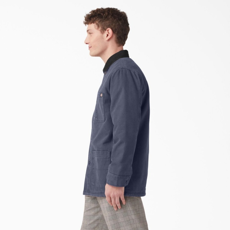 Men's Dickies Stonewashed Duck Lined Chore Jacket Navy | 965024IMF