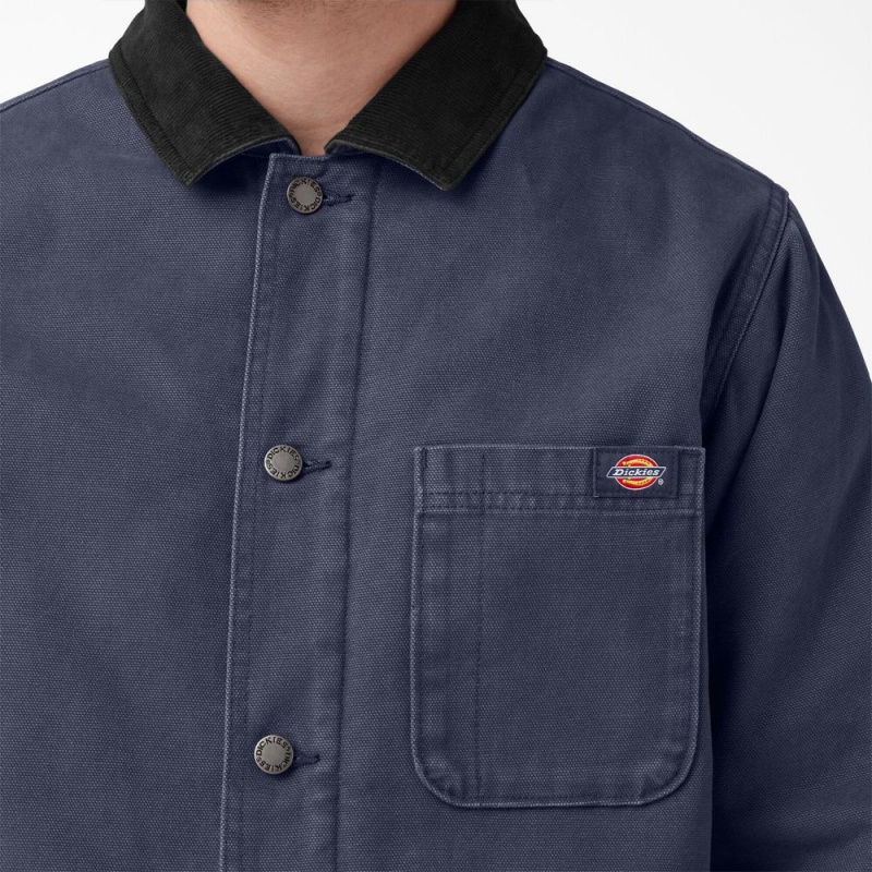 Men's Dickies Stonewashed Duck Lined Chore Jacket Navy | 965024IMF