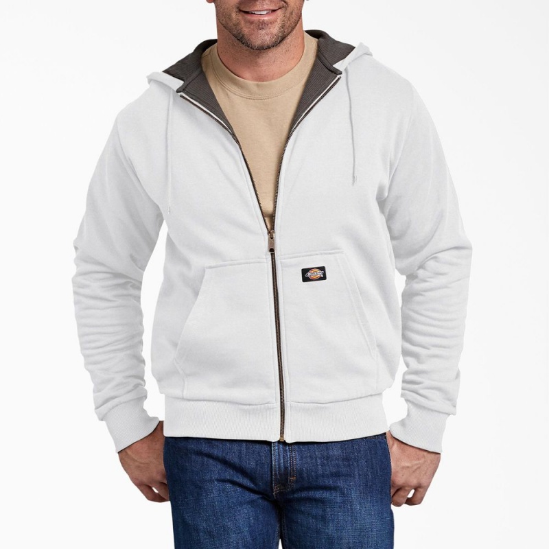 Men\'s Dickies Thermal Lined Fleece Zip Hoodie White | 820417JWS