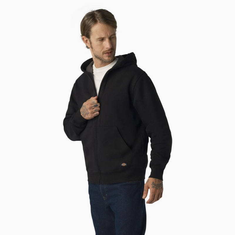 Men's Dickies Thermal Lined Full-Zip Fleece Hoodie Black | 538297SJD