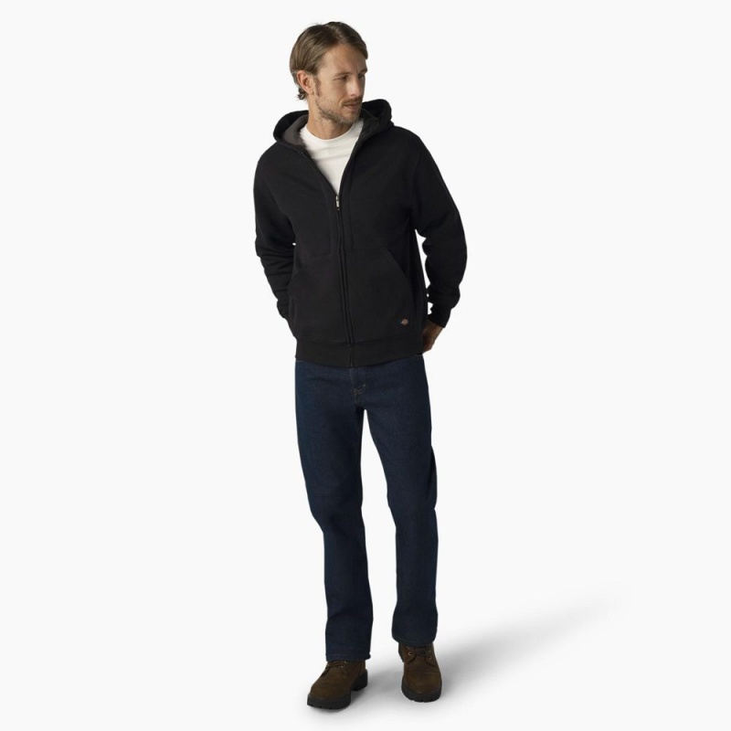 Men's Dickies Thermal Lined Full-Zip Fleece Hoodie Black | 538297SJD