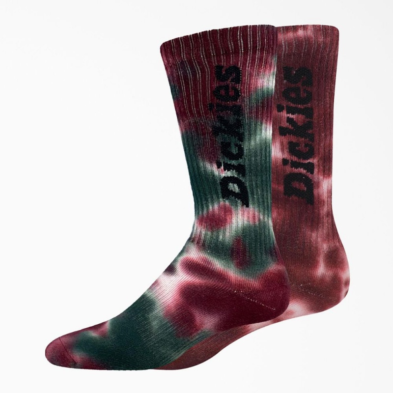 Men\'s Dickies Tie-Dye Crew 2-Pack Socks Burgundy | 879514SRK