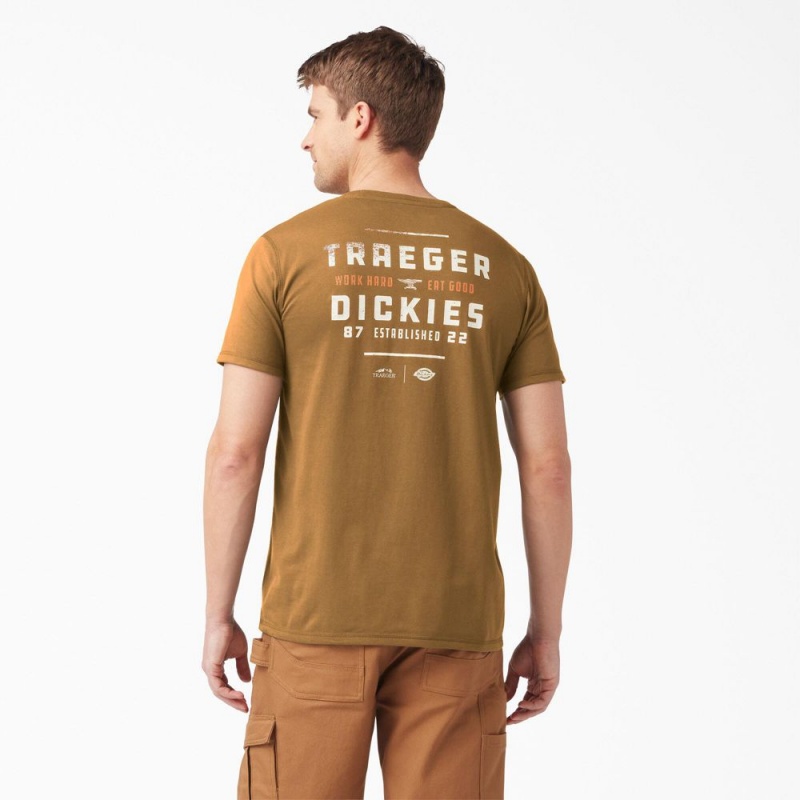 Men\'s Dickies Traeger x Pocket T-Shirt Brown | 859263FXL