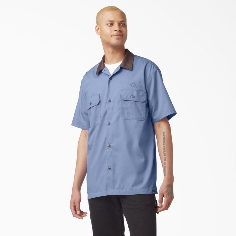 Men\'s Dickies Vincent Alvarez Block Collar Work Shirts Blue | 908651JPO