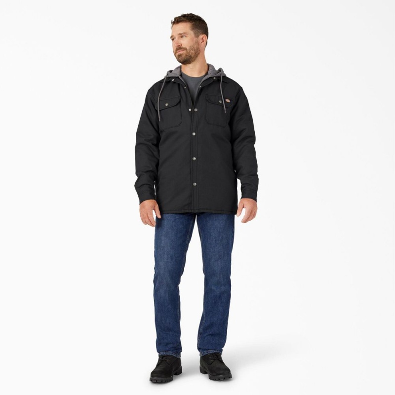 Men's Dickies Water Repellent Duck Hooded Shirt Jacket Black | 034198VDE