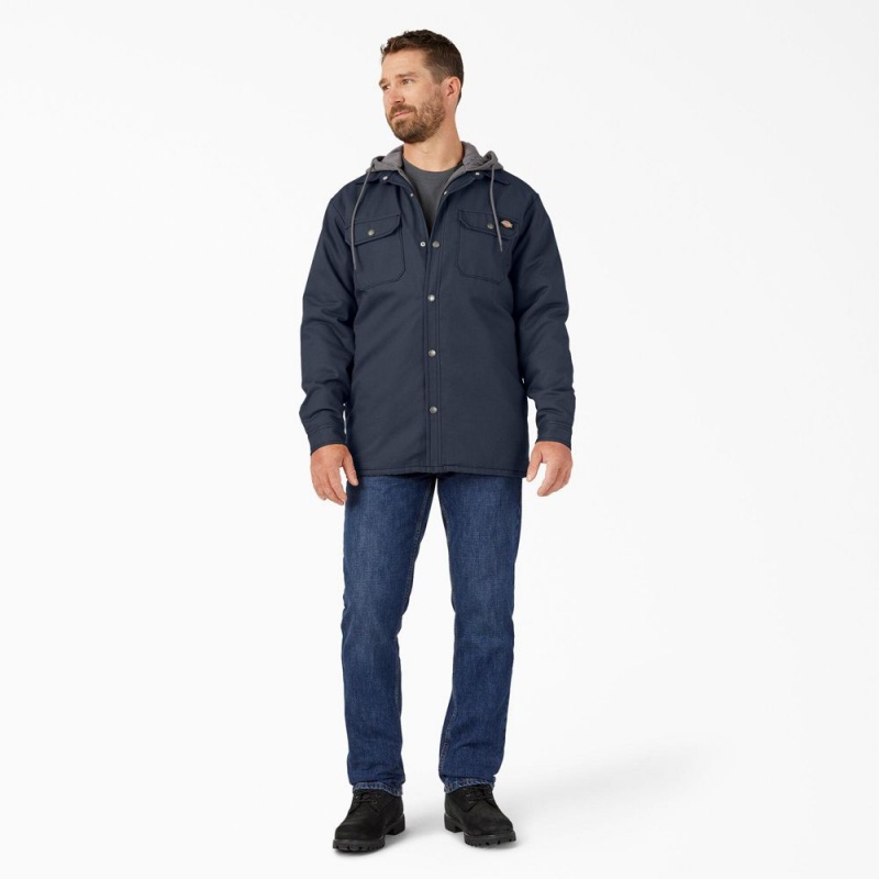 Men's Dickies Water Repellent Duck Hooded Shirt Jacket Navy | 521740TFM