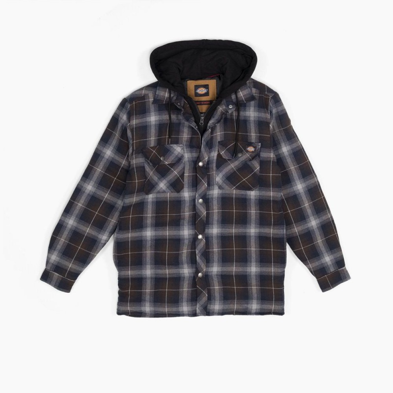 Men\'s Dickies Water Repellent Flannel Hooded Shirt Jacket Navy | 401683MJU