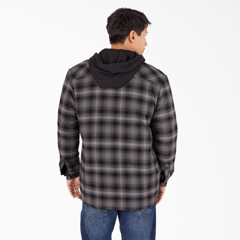 Men's Dickies Water Repellent Flannel Hooded Shirt Jacket Black | 827630JTM