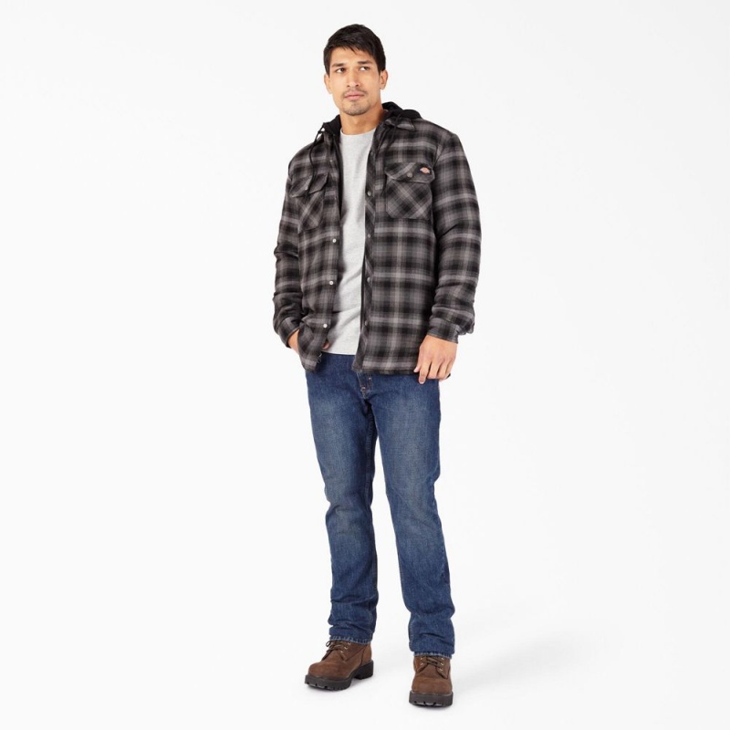 Men's Dickies Water Repellent Flannel Hooded Shirt Jacket Black | 827630JTM