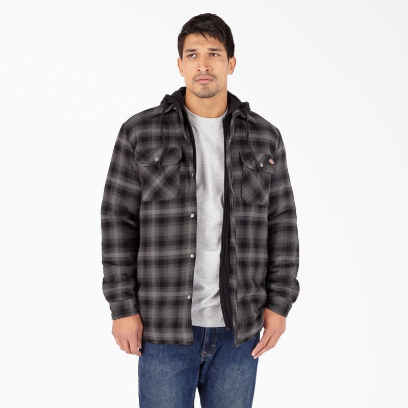 Men\'s Dickies Water Repellent Flannel Hooded Shirt Jacket Black | 827630JTM