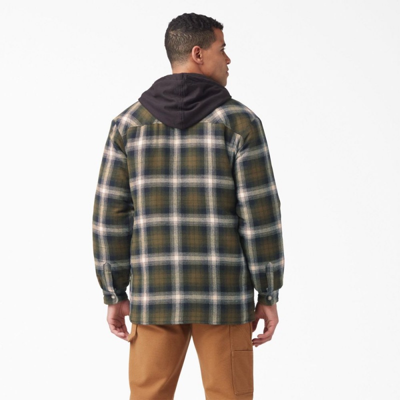 Men's Dickies Water Repellent Flannel Hooded Shirt Jacket Olive | 015472WPD